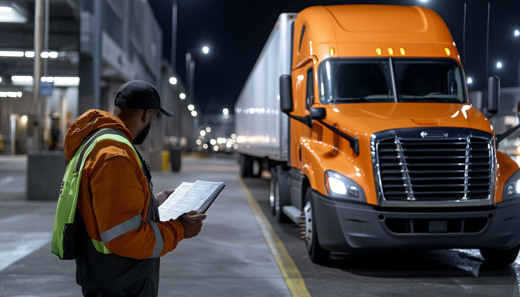semi truck driver at loading dock with logistics paperwork orange truck