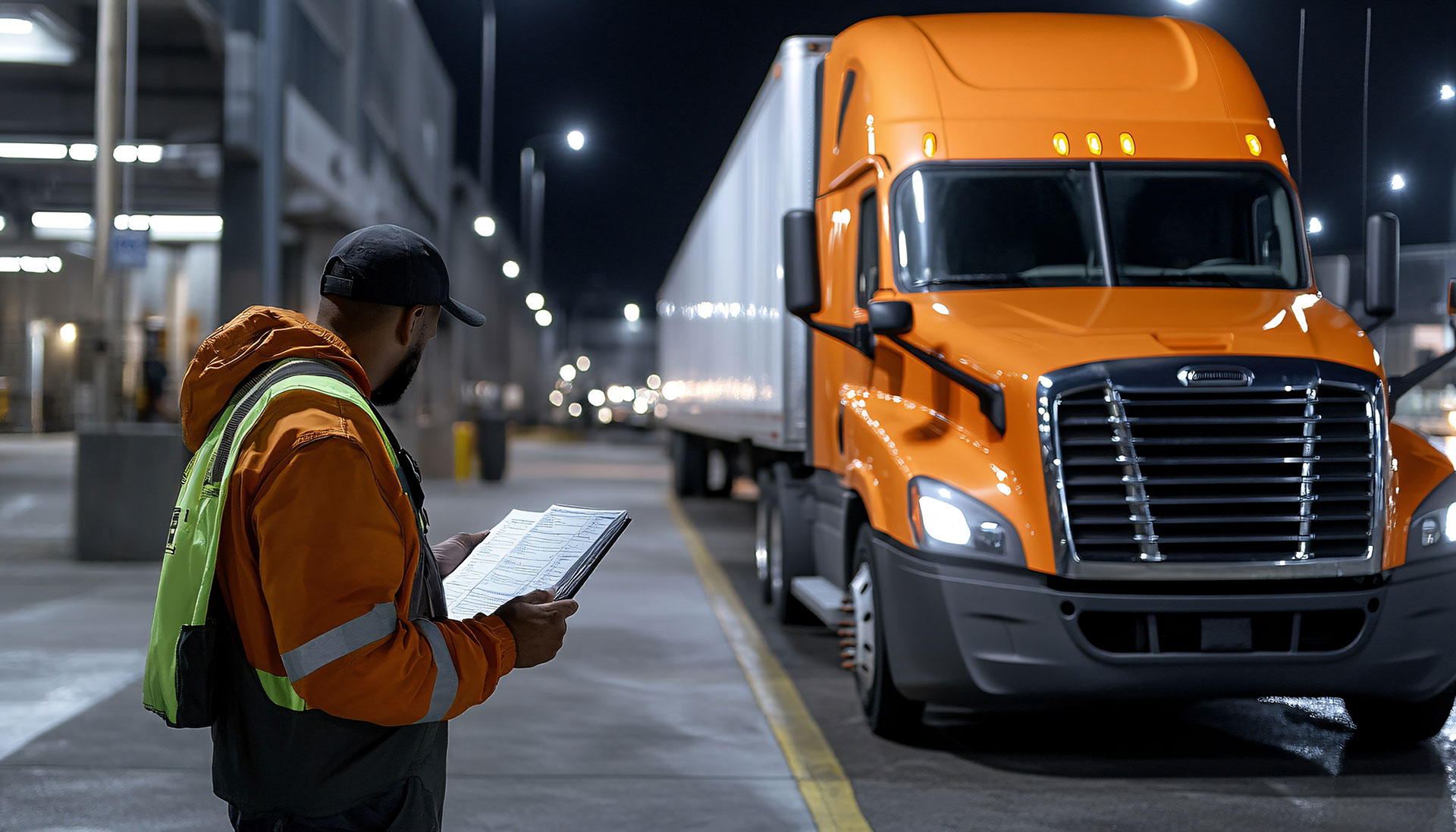 semi truck driver at loading dock with logistics paperwork orange truck
