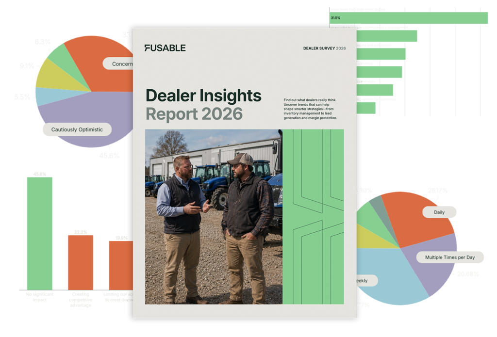 Cover of the Dealer Insights Report 2026 featuring two men in workwear talking beside tractors in a yard at the front.