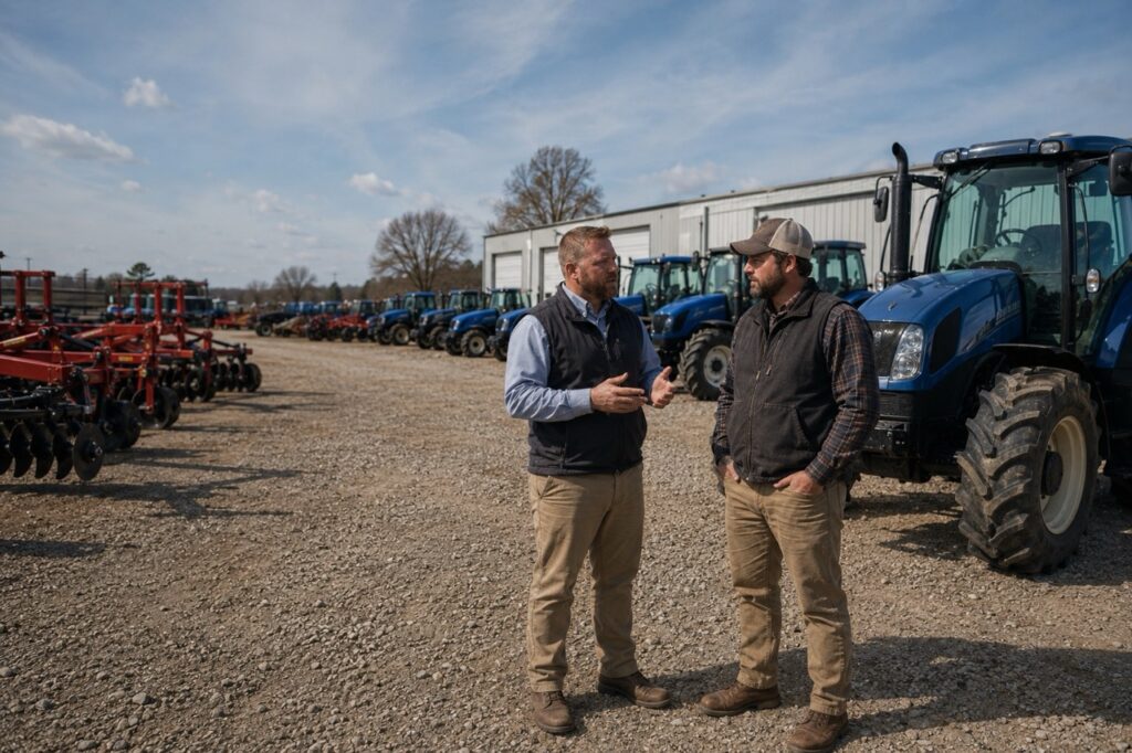 Two men in work attire talk in a gravel lot lined with blue tractors and red farming equipment.
