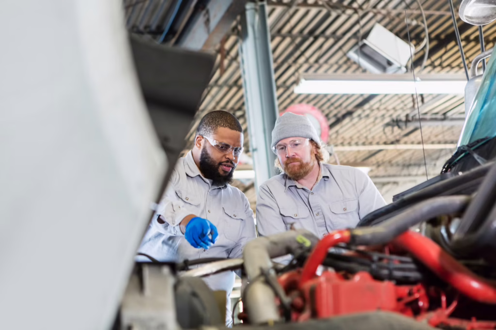 Two male mechanics wearing safety goggles and gray uniforms inspect a car engine in a workshop.